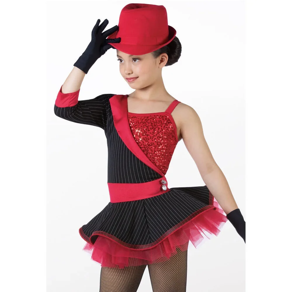 Pre-Owned Dance Costume Weissman 14762 Large Child Red Pin Stripes Jazz Sequin